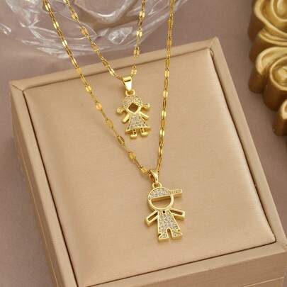 Set de 2 collares con colgante con circonita cúbica engastada, adorables para niños y niñas, cadena de acero inoxidable, adecuado como regalo para hijo, hija, hermano, diseño retorcido, Navidad, cumpleaños, uso diario de niños