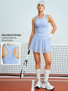 Leorrey 1 Set Women's Fashion Round Neck Padded Camisole, Pleated Anti-Flashing Undershirt With Pocket, Tennis Outfit