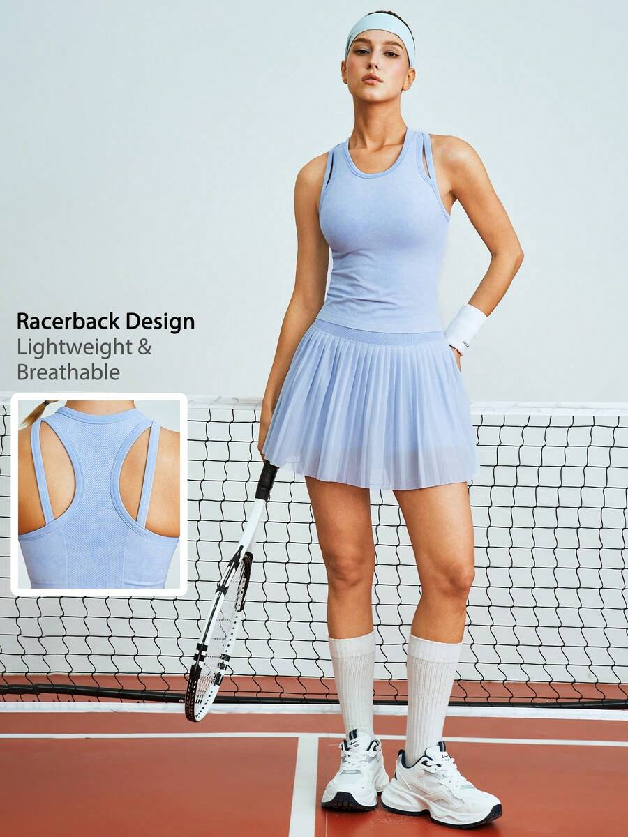 Leorrey 1 Set Women's Fashion Round Neck Padded Camisole, Pleated Anti-Flashing Undershirt With Pocket, Tennis Outfit