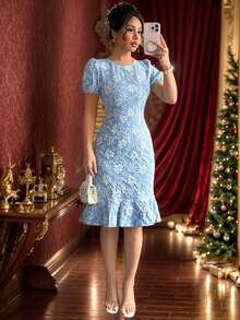 2025 Spring Summer Women's Summer Elegant Jacquard Texture Solid Color Round Neck Ruffled Skirt Puffy Sleeve Mid-Length Dress - Baby Blue - View 1