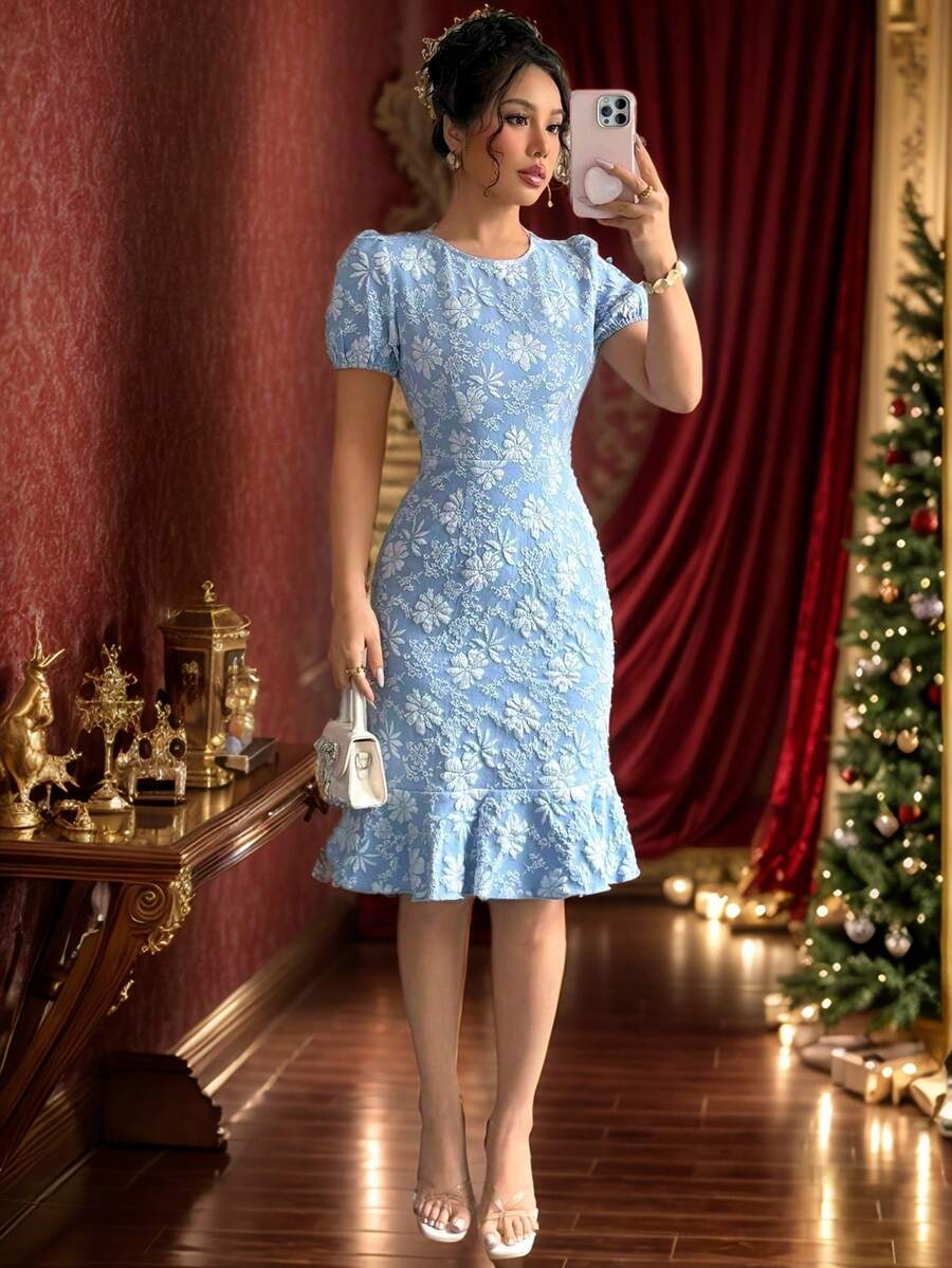 2025 Spring Summer Women's Summer Elegant Jacquard Texture Solid Color Round Neck Ruffled Skirt Puffy Sleeve Mid-Length Dress - Baby Blue - View 1