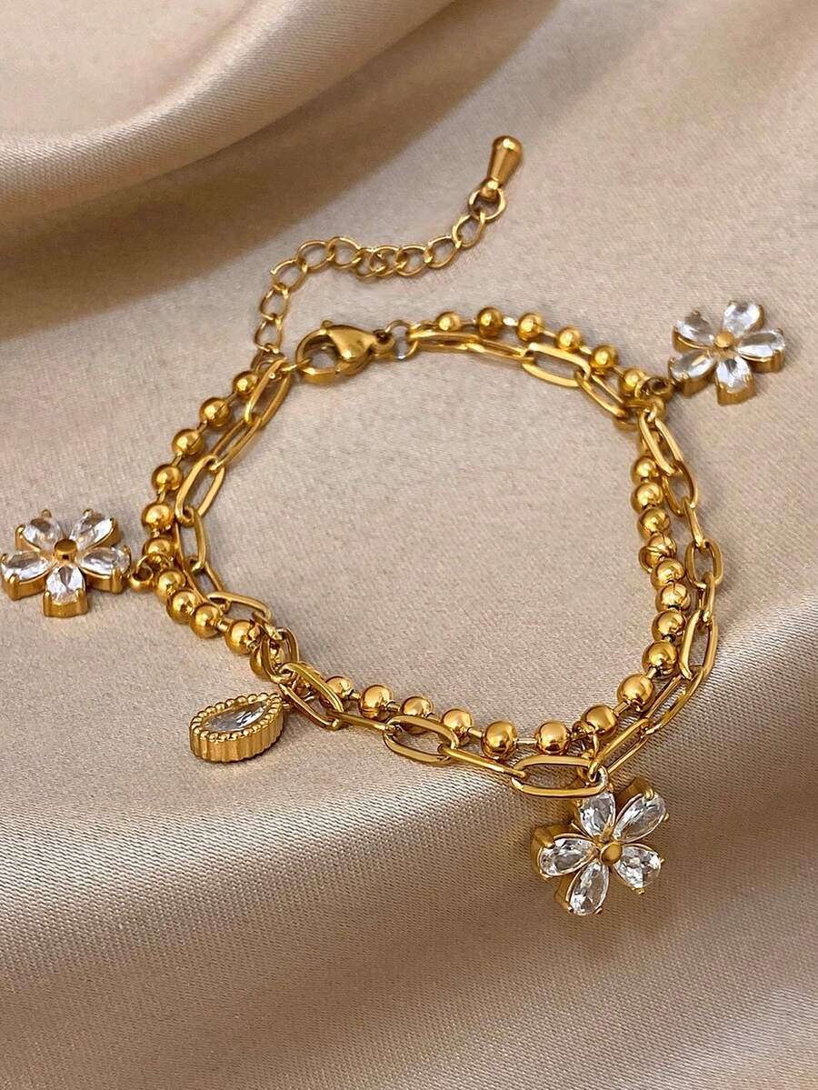 1件18K镀金不锈钢奢华花卉叠层吊坠双链手链，优雅女士礼物，适合圣诞节、狂欢节、冬季珠宝、婚礼、舞会/派对/日常配饰、周年纪念日、情人节、波西米亚风珠宝、伴娘礼物 - 彩色 - 查看 1