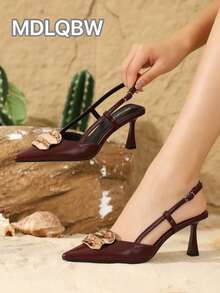 MDLQBW 2026新款学院风优雅尖头性感金属扣高跟鞋，酒红色PU材质，适合婚礼和派对场合 - 酒紅色 - 查看 1