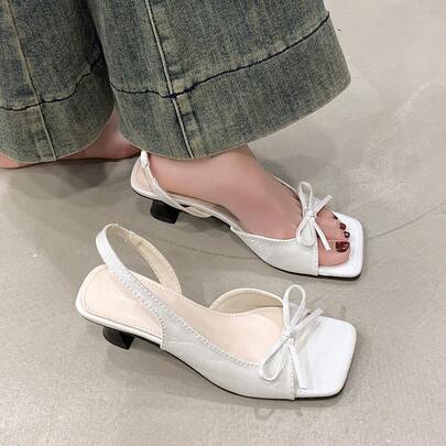 여성용 보우 타이 앵클 스트랩 하이힐 샌들, 여름용 화이트 오픈 토 스퀘어 토 키튼 힐