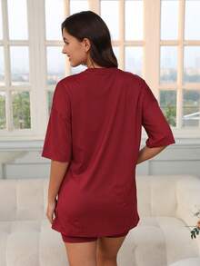 2件套 女士休闲宽松纯色短袖短裤睡衣套装 - 酒紅色 - 查看 2