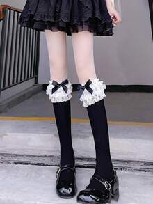 1双女士洛丽塔风格蕾丝边饰音符和高音谱号印花过膝袜，适合春夏派对穿着 - 黑色 - 查看 3