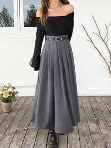 Falda larga con presilla para cinturón de talla grande EARO, falda maxi de cintura elástica y corte holgado, elegante y estilizadora