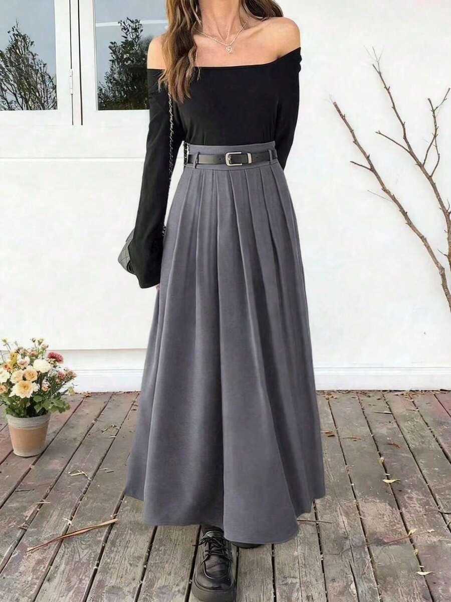 Falda larga con presilla para cinturón de talla grande EARO, falda maxi de cintura elástica y corte holgado, elegante y estilizadora