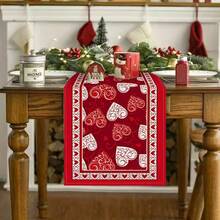 1pc Valentine's Day Red & White Plaid Table Runner, Linen Material With Red Heart Pattern, Suitable For Anniversary, Home Kitchen, Dining Room And Holiday Table Decor - Red - View 4