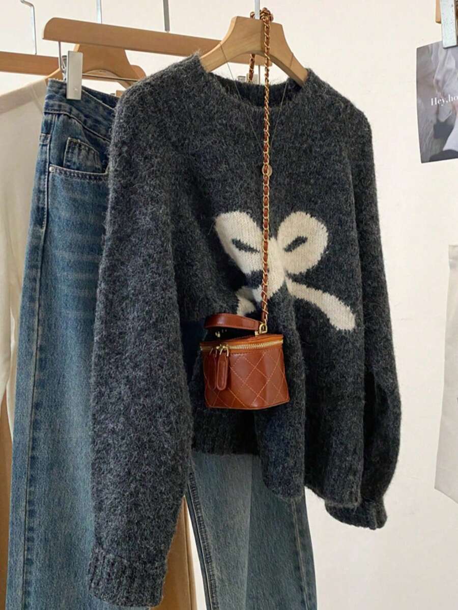Bow Knit Sweater, Women's Ribbed Crew Neck Slim Fit Pullover Sweater, Cute & Youthful, Suitable For Spring - Dark Grey - View 1