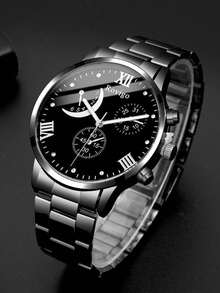 2pcs/Set Fashionable Business Gentleman Round Black Steel Band Quartz Watch, Paired With Rhinestone Bracelet Combination Gift Set, Suitable For Holidays, Parties, Business And Daily Wear - Black - View 3