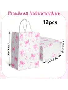 6/12个装蝴蝶结纸质礼品袋，8.3 x 5.9 x 3.1英寸，粉色蝴蝶结印花白色纸袋，带提手，派对糖果袋，适用于蝴蝶主题派对、婚礼、生日、新娘送礼会、婴儿派对等场合。 - 粉色 - 查看 10