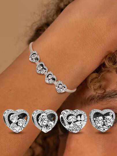 1件925纯银心形圣诞礼物串珠吊坠，适合女士手链、手镯DIY饰品制作和日常佩戴，是女孩的理想之选。