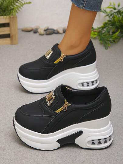 Zapatos deportivos casuales para mujer, con acentos metálicos, cremallera lateral de moda, parches de lentejuelas, plataforma con cuña, adecuados para baile, actividades al aire todas las estaciones