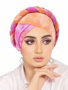 1pc New Fashion Women Tie-Dye Braided Turban Hat, Tie Dye Color Headband Cap, In Europe And America Hair Sleep Cap Sleep Bonnet - Multicolor - View 15
