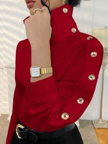 Camisa casual de manga larga con diseño de botones y cuello asimétrico para mujer, primavera - Rojo - Ver 4