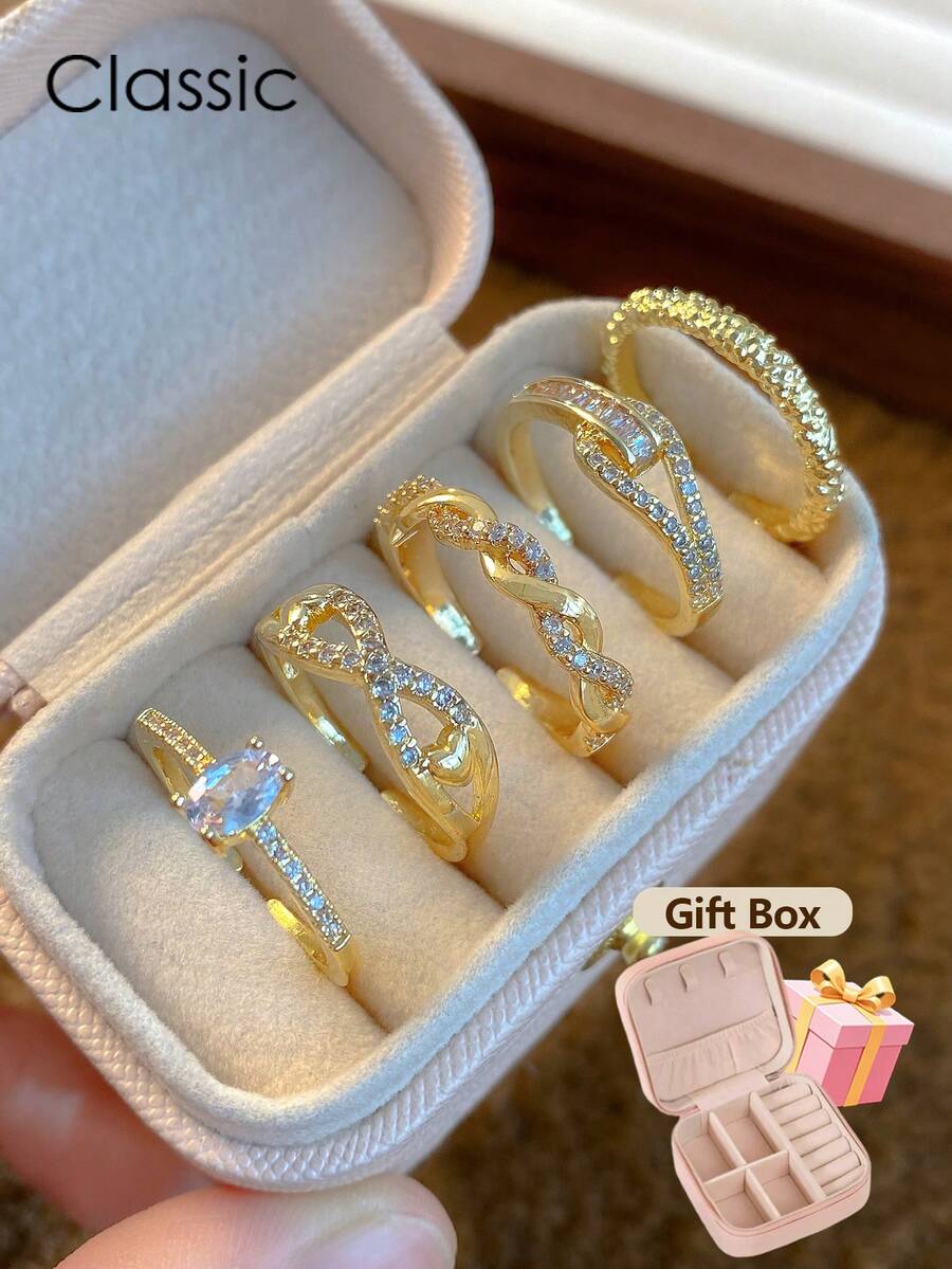 5件套简约奢华时尚无限符号设计铜戒指套装，镶嵌人造锆石，附赠精美礼盒