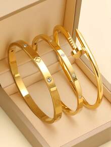 Vòng tay Cubic Zirconia nhiều màu chống thấm nước bằng thép không gỉ, vòng tay mở mạ 18k, trang sức thời trang cho nữ - 3 cái/bộ Vàng - Xem 9