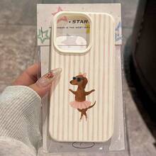 Pink And White Striped Background Ballet Dachshund Pattern Case For  17 Pro Max,  16 Pro Max/14/15 Plus/15/13 Pro/12/11, High-End TPU, Shockproof, Fashionable Protective Case, High Aesthetic Valentine's Day UYD0 - màu1 - Xem 9