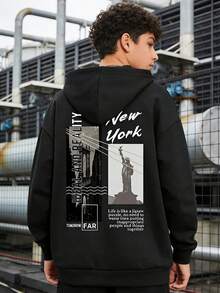 青少年男童休闲标语印花卫衣，保暖内衬，连帽套头衫，青少年男童礼物 - 黑色 - 查看 3