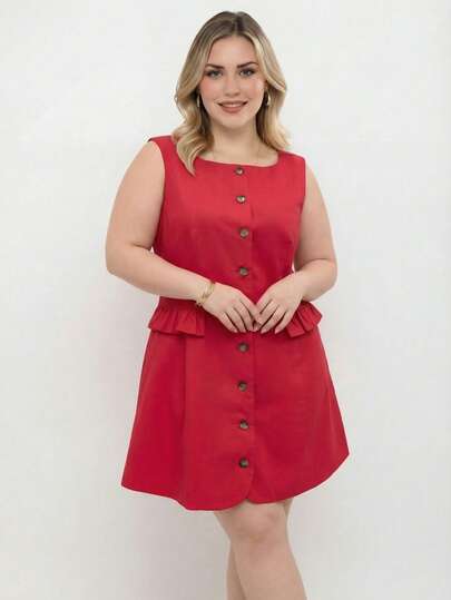 Vestido rojo elegante y entallado sin mangas con cuello cuadrado para mujer de talla grande, decorado con botones y bolsillos falsos, adecuado para uso casual de primavera/verano y para ir al trabajo, también se puede usar como vestido de graduación/Año Nuevo