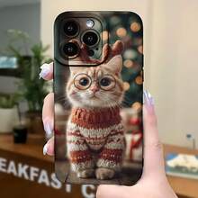 2026 nueva funda de teléfono esmerilada, funda de teléfono con estampado de gato navideño con gafas y suéter para iPhone 17 14 13 12 11 Pro Max Se  Galaxy S23 S22 S21 A54 A53 A52 A34 A33 A32 funda protectora regalo de pareja para él y ella presente de vacaciones - Blanco antiguo - Ver 5