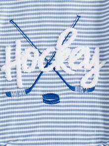 男婴条纹撞色圆领长袖毛巾布刺绣英文字母足球图案连体衣，秋冬足球假日版 - 霧霾藍 - 查看 4