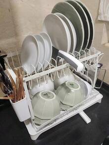 2-Tier Kitchen Storage Rack With Quick Drainage, Knife And Fork Holder, Cutting Board Rack, Dry Countertop -Space-Saving Multifunctional Utensil Organizer For Bowls, Plates, And More, Utensil Holder|Sleek Metal Rack|Durable Kitchenware, Kitchen Organizers And Storage - Multicolor - View 5