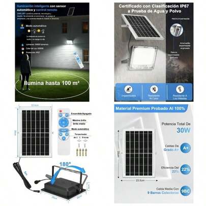Zarlury Lmpara, Reflector 15000 Lmenes, Foco Recargable, IP67 Impermeable, Sensor de Luz+ Control Remoto, Grandes paneles solares, para Exteriores, Jardn, Patio150 LEDs