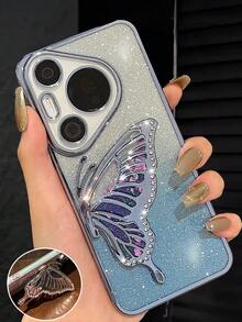 MewTrek Luxury Electroplated Blue Phone Case With Butterfly Liquid Stand, Rhinestone Glitter Style, Summer New Fashion Silicone Shockproof Protective Soft Shell, Compatible With Samsung Galaxy, Honor, Reno, MOTO, - Blue - View 3