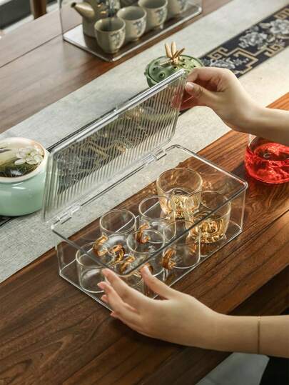 1pc Tea Set Storage Box, Transparent And Thickened PET Material Storage Box, Dustproof Box For Storing Teacups And Teapots, Cup Storage Box, Wine Glass Storage Rack, Flip-Top Storage Box Suitable For Kitchen And Dining Room.