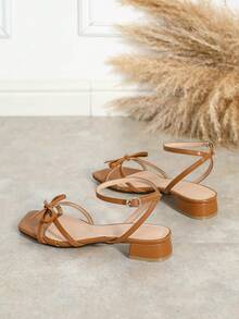 Giày sandal nữ thời trang nhiều quai, buộc nơ, hở mũi, khoét lỗ, gót thấp, thoải mái, đa năng, chống trơn trượt, kiểu La Mã, thích hợp cho trang phục mùa xuân hè. - màu nâu - Xem 6