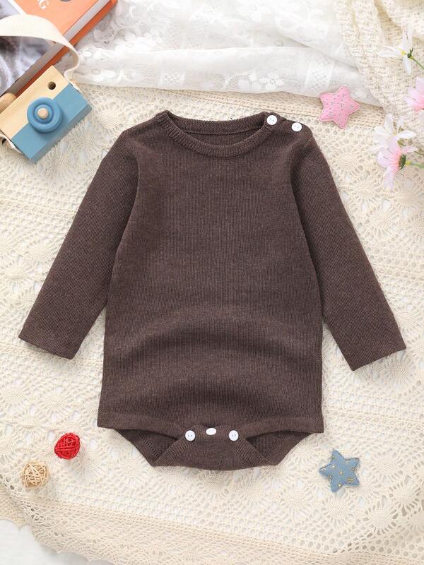 Newborn Baby Solid Color Round Neck Button Shoulder Casual Long Sleeve Knitted Romper