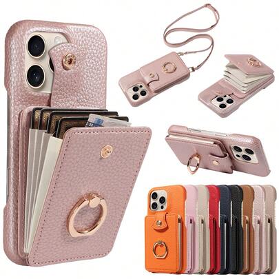 1pc Litchi Grain Multi-Card Slot Crossbody Leather Case With Accordion Card Holder, Compatible With Apple 17 Pro Max/17 Pro/Air/17/16 Pro Max/16/15/14/13/12/11, A16 Series, Anti-Fall Anti-Theft Protective Cover With Ring Holder