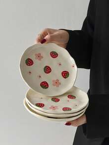 1pc/2pcs/4pcs Ins Style Cute Ceramic Plates, Hand-Painted Glazed Plates, Breakfast Bread Plates, Fruit Salad Plates, Dessert Cake Plates, Suitable For Home, Restaurant, Cafe