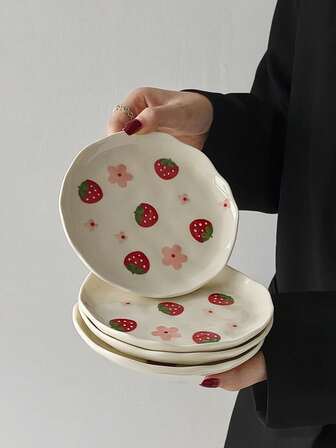 1pc/2pcs/4pcs Ins Style Cute Ceramic Plates, Hand-Painted Glazed Plates, Breakfast Bread Plates, Fruit Salad Plates, Dessert Cake Plates, Suitable For Home, Restaurant, Cafe
