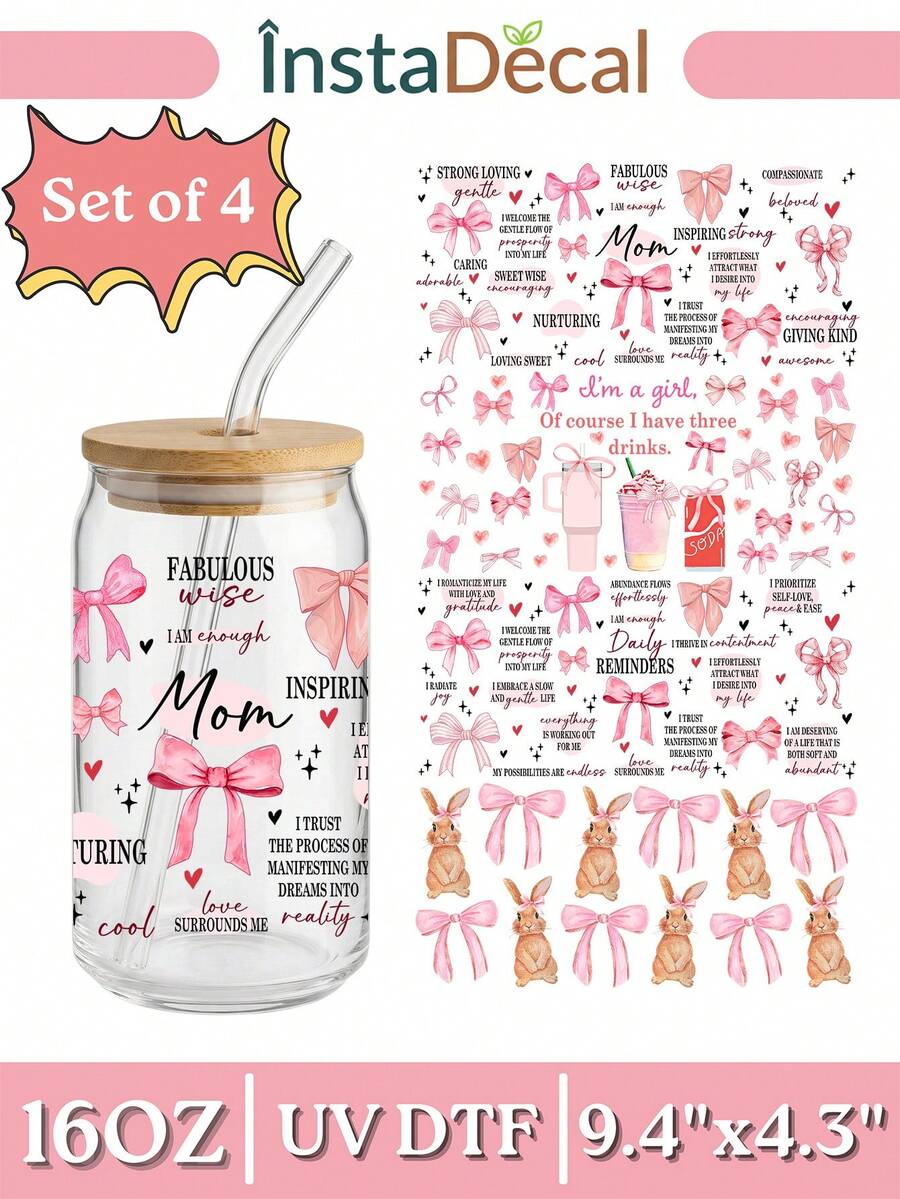 4 件装“妈妈与每日箴言”UV DTF 杯贴，适用于 16 盎司玻璃杯，粉色蝴蝶结兔子和趣味少女饮品转印贴纸，DIY 自爱贴纸（9.4x4.3 英寸） - Coquette02 - 查看 1