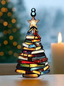 1pc/2pcs Christmas Book Tree Suncatcher Ornament ACRYLIC, Acrylic Christmas Tree Ornament ,Book Stacked Design Holiday Tabletop Decoration,Book Gift, Book Lover Gift, Book Ornament, Book Gift, Book Lover Gift, Librarian Gift,Unique Book Lover Gift, Festive Xmas Home Decor For Living Room, Bookshelf, Office, Library