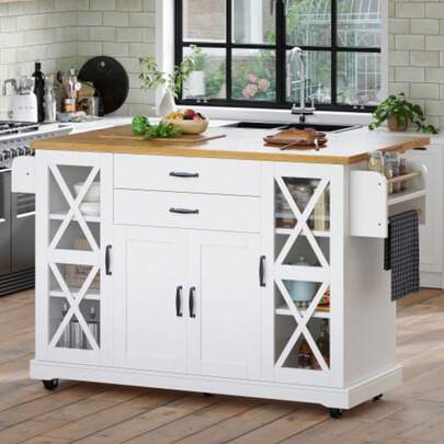 Kitchen Island, Kitchen Cabinet, Sideboard, 120x40(63.5)X94.5 Cm, Serving Trolley, Mobile Kitchen Island, Kitchen Trolley With Casters, With Four Doors (Two Glass Doors), Height-Adjustable Shelves, Two Drawers, White