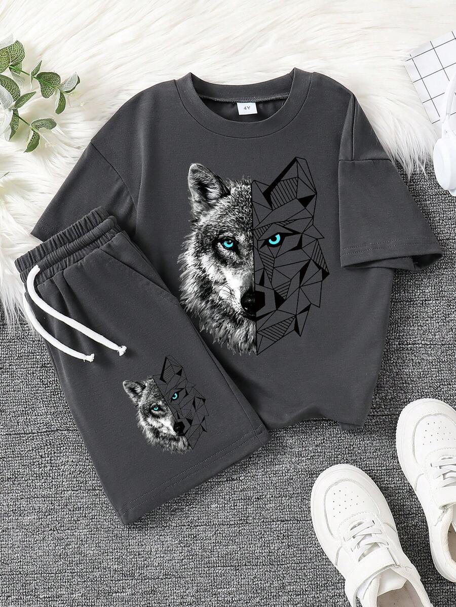Young Boy Wolf Print Short Sleeve T-Shirt And Shorts Casual Set - Dark Grey - View 1