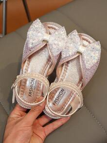 1双时尚百搭女童珍珠水钻蝴蝶结装饰可爱平底凉鞋，圆头，适合日常穿着、跳舞、户外活动，亮片装饰，闭趾公主鞋，春秋季款 - 粉色 - 查看 2