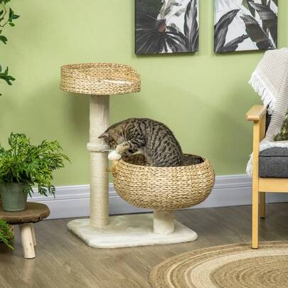 28" Elevated Cat Bed With Sisal Scratching Post For Indoor Kitties, Modern Cat Tree With Cute Basket Design, Small Cat Tree With Fun Ball Toy