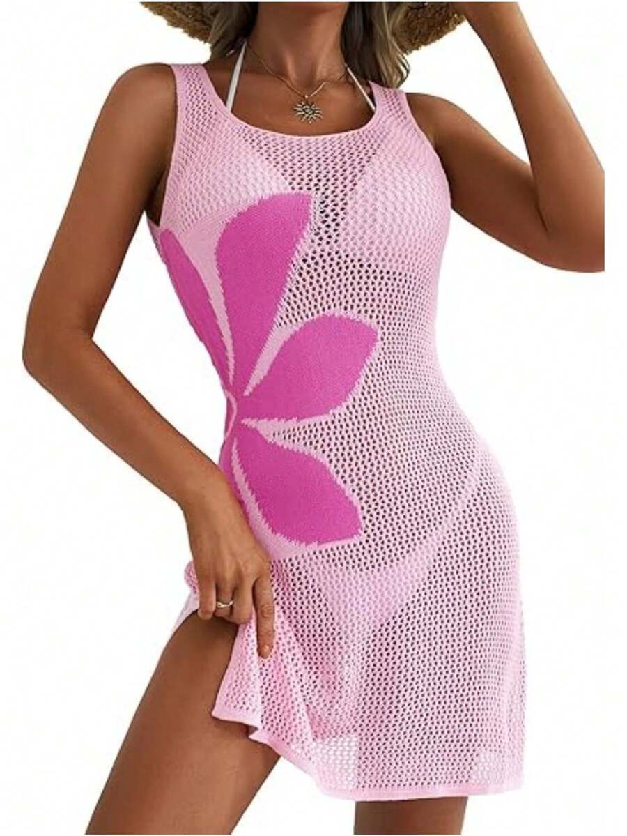 2026 Women's Summer Vacation Swimsuit Cover Up Crochet Beach Floral Hollow Out Slit Bathing Suit Sleeveless Cover Up Dresses - 粉色 - 查看 1