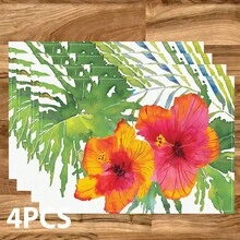 1/4/6/8/12pcs Floral Printed Placemats, Hawaiian Style, Flower Decor, Linen Dining Table Mats, Washable Printed Tablemats, Surface Protector, Indoor Outdoor Dining Table Mats, Suitable For Holiday Parties, Kitchen & Dining - Multicolor - View 1