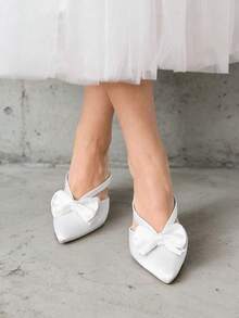 Women's French Style White Versatile Pointed Toe Bowknot High Heel Shoes, Delicate Thin Heel Slip-On Unique Design Elegant For Party And Banquet, Summer New Arrivals - White - View 3