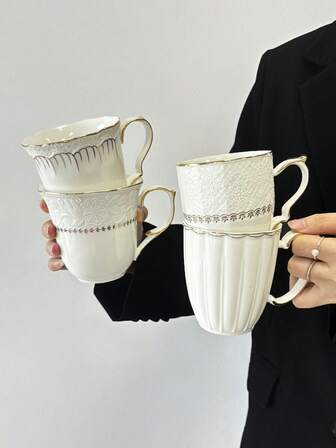 1pc European Style Embossed White & Gold Ceramic Mug, 280ML, With Handle, Coffee Cup, Breakfast Milk Cup, Home Afternoon Tea Latte Cup, Juice Beverage Cup, Couple Water Cup, Holiday Gift Cup, Gift For Family And Friends
