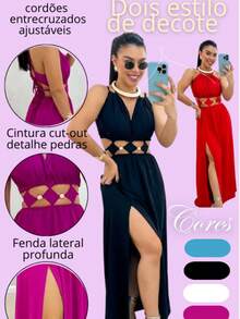 Women's Long Dress With Cutouts And Side Slit, Elegant And Premium Finish. Long Dress With Two Neckline Styles And Side Slit. Features Cutouts, A Slit, And A Tie At The Neckline. Elegant, Casual, Party, Split Fabric, Side Opening, Bare Back, Drawstring Tie. 2-In-1. Suitable For: Beach, Night, Garden, Photoshoot, Street, Birthday Party, Stage And Concert, Bachelorette Party, Travel, Vacation. - màu đen - Xem 1