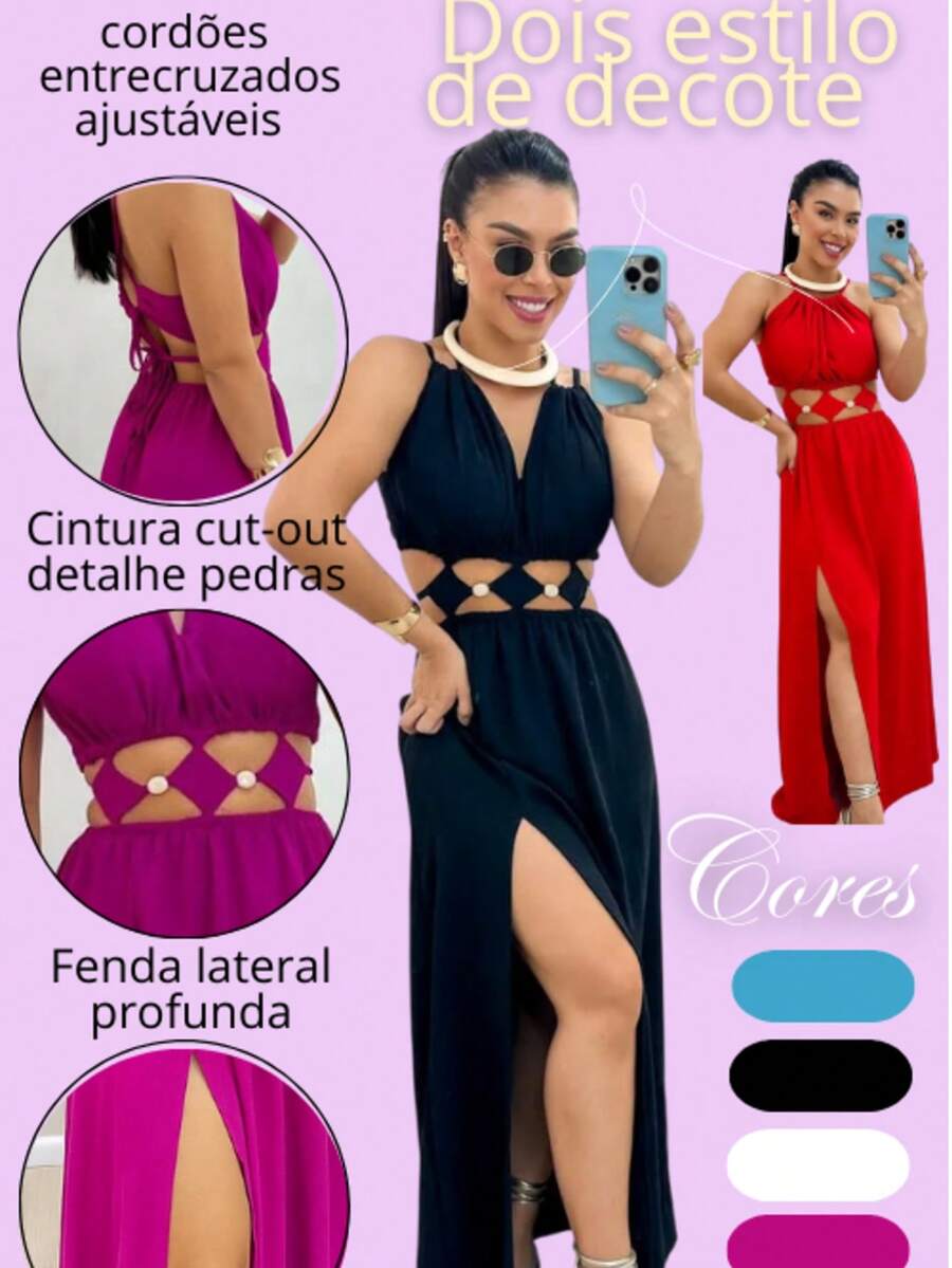 Women's Long Dress With Cutouts And Side Slit, Elegant And Premium Finish. Long Dress With Two Neckline Styles And Side Slit. Features Cutouts, A Slit, And A Tie At The Neckline. Elegant, Casual, Party, Split Fabric, Side Opening, Bare Back, Drawstring Tie. 2-In-1. Suitable For: Beach, Night, Garden, Photoshoot, Street, Birthday Party, Stage And Concert, Bachelorette Party, Travel, Vacation. - màu đen - Xem 1