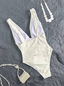 Nuovo costume da bagno elegante monospalla con arricciature e schiena scoperta, di colore unito, adatto per donna, spiaggia, festa in piscina, vacanza estiva bianca - Bianco - Visualizzare 3