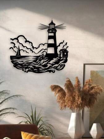 1 pieza Escultura de pared de metal con diseño de faro náutico art decó - Arte de pared para casa de playa, Ornamento de faro de hierro para baño, Decoración colgante para interior/exterior, Elegante acento para patio y balcón del hogar, Regalo de inauguración de casa
